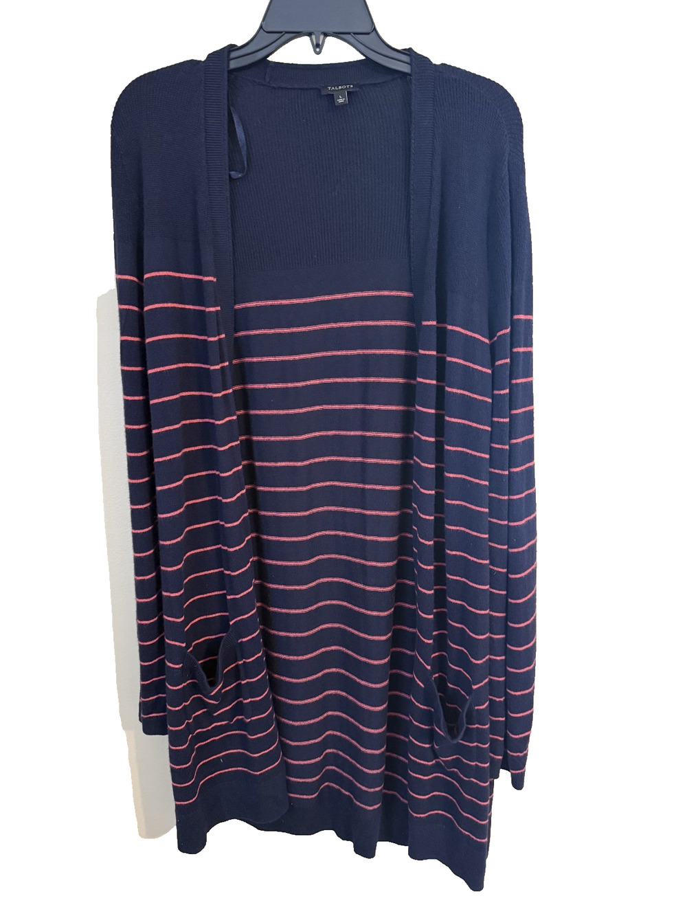 Talbots Pink/Navy Stripe Tunic Sweater Size L Lagenlook Casual Cozy Pockets